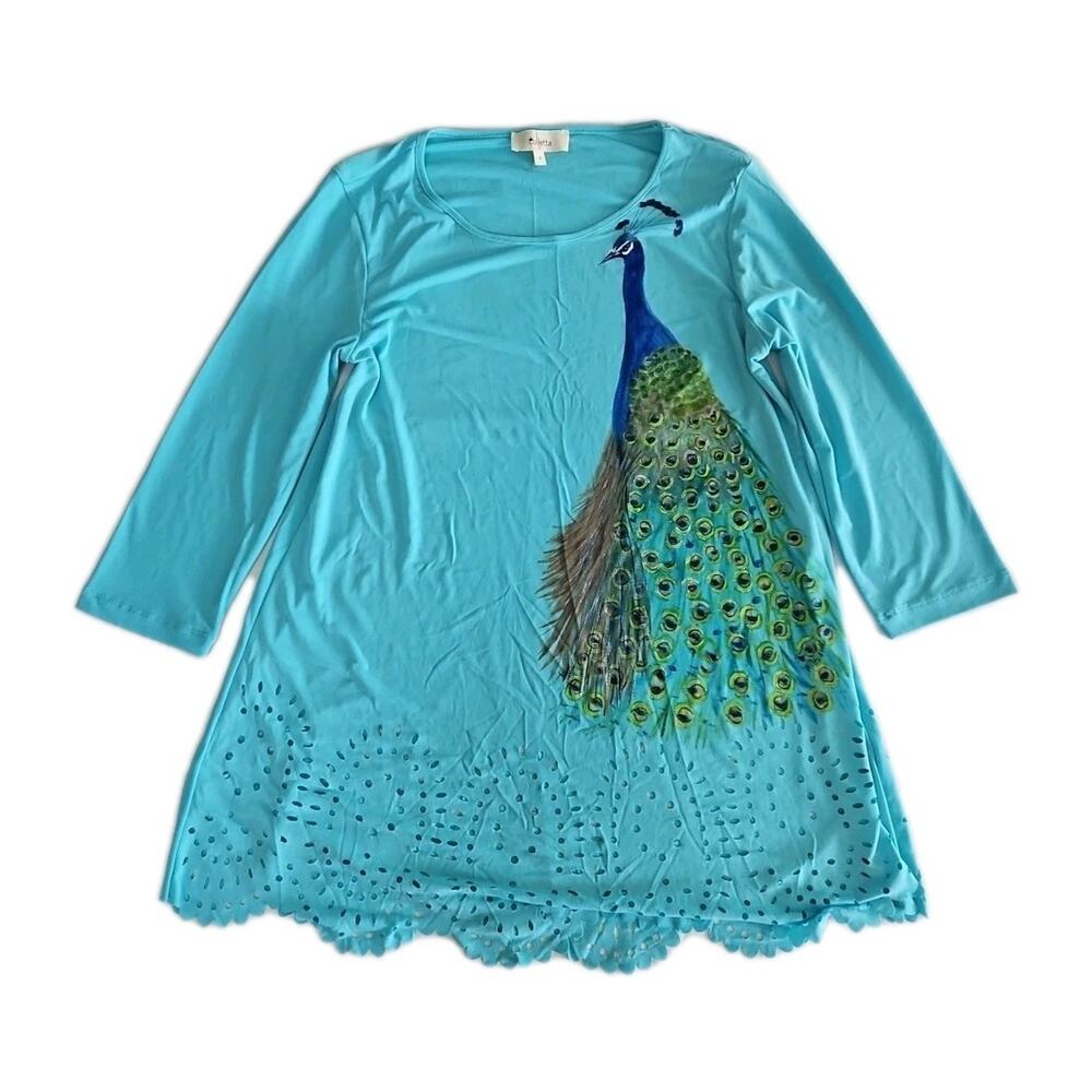 Colletta Womens Blouse Multicolor Size Small Peacock On Front 3/4 Sleeve